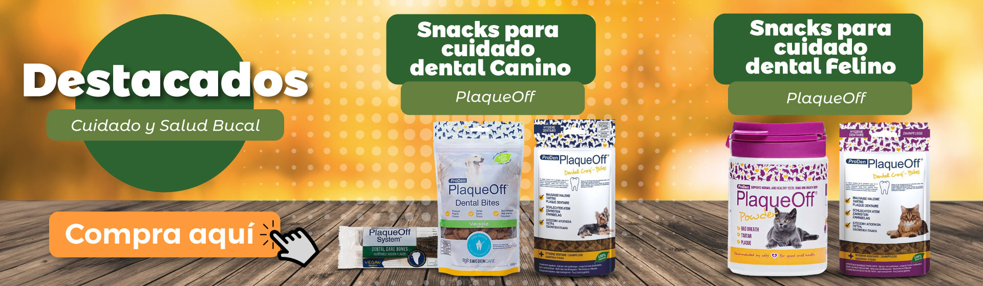 Banner destacados cuidado y salud bucal de mascotas PlaqueOff Snack canino y felino