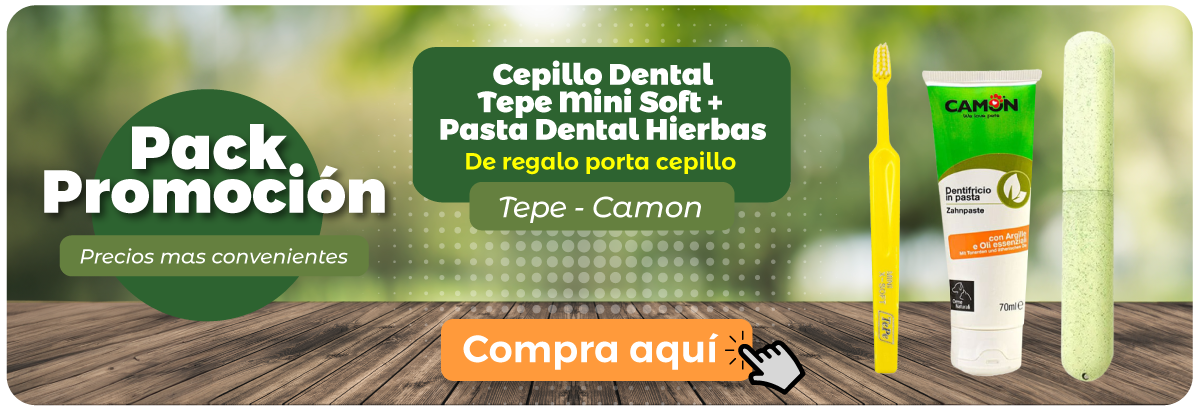 Banner promocional cepillo dental TePe mini + Pasta Dental Hierbas Camon